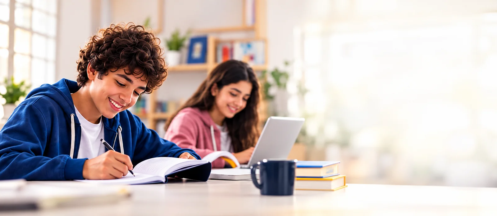 طلاب بيتعلّموا باستخدام الكتب والكمبيوتر